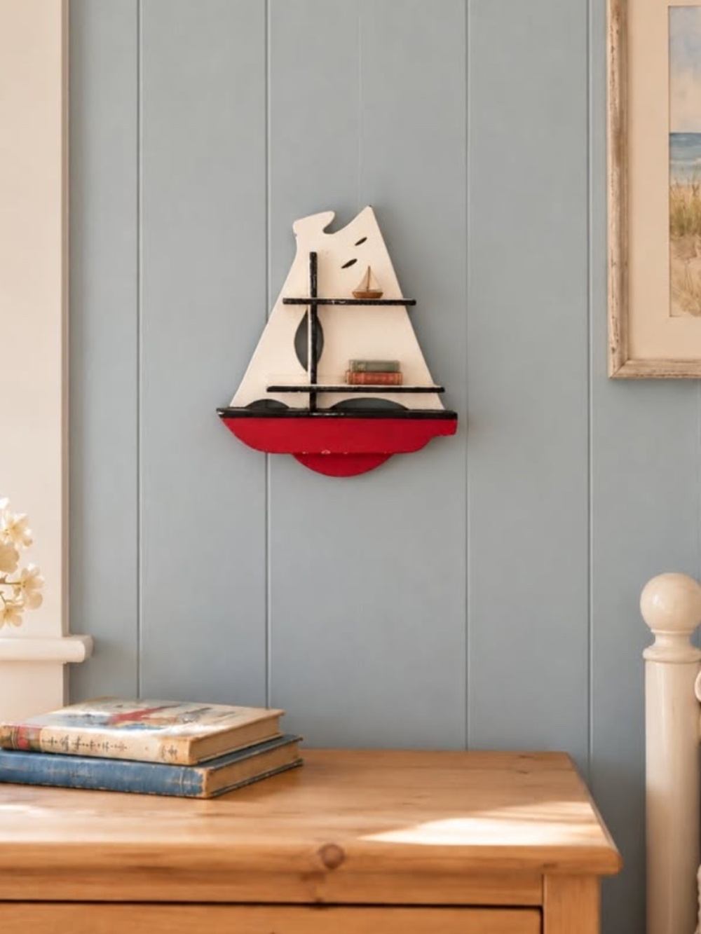 Vintage Wooden Sailboat Wall Trinket Shelf Sailor Theme Bedroom Decor